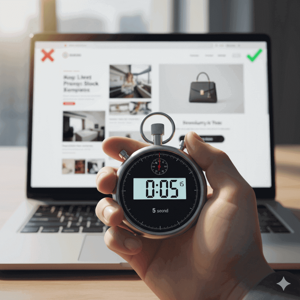Tangan memegang stopwatch 5 detik di depan laptop yang menampilkan perbandingan website baik dan buruk, mengukur kredibilitas website bisnis.