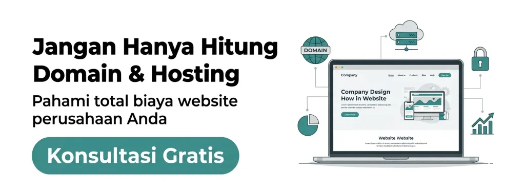 Banner biaya domain dan hosting website perusahaan dengan ilustrasi laptop dan ikon server
