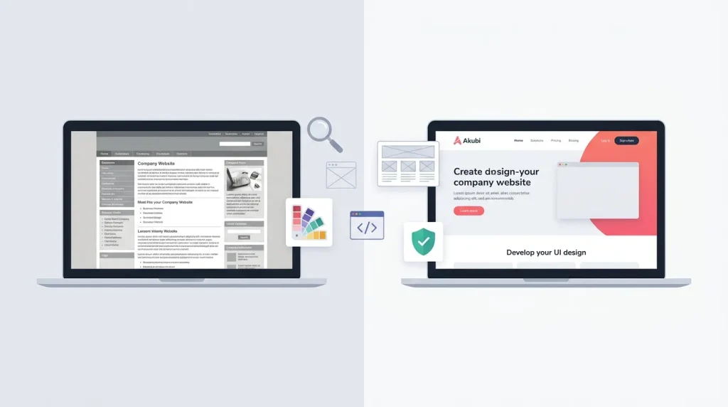 Ilustrasi biaya redesign website perusahaan: perbandingan tampilan website lama dan website baru